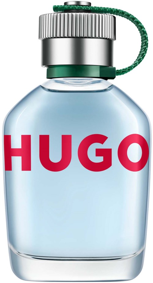 Een parfumfles met een zilveren dop, een groene koord en de naam 'HUGO' in rode letters.