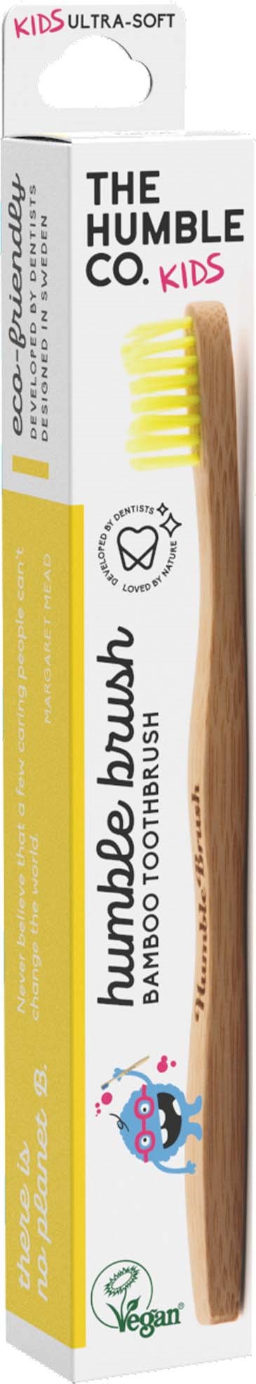 A bamboo toothbrush with a wooden handle and yellow bristles, labeled as eco-friendly and suitable for kids.
