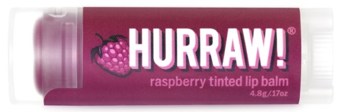 Ein Lippenbalsam-Röhrchen mit Himbeergeschmack, lila-weiße Farben und einem Himbeergrafik.