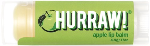 Ein grüner Lippenbalsam-Stift mit dem Namen 'HURRAW!' und einer Apfelskizze.