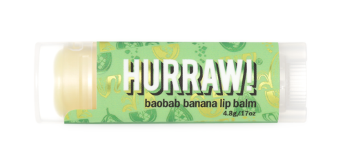 Ein Lippenbalsam mit grünem Design und "HURRAW!" Schriftzug, Banana-Geschmack.