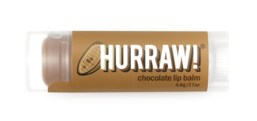Ein Schokoladen-Lippenbalsam mit brauner Verpackung, weißer Kappe und Flusspferd-Logo.