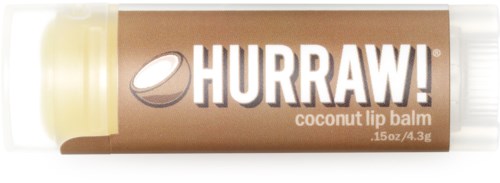 Eine Tube mit Hurraw! Kokos-Lippenbalsam, zeigt Produktart und Größe.