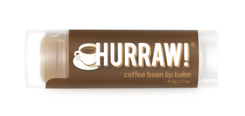Brauner Lippenbalsam-Stift mit Kaffee-Tassenbild und weißem Text "HURRAW!" und "coffee bean lip balm."