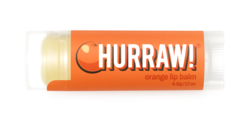 Orangener Lippenbalsam mit "HURRAW!" Text und lächelndem Gesicht.