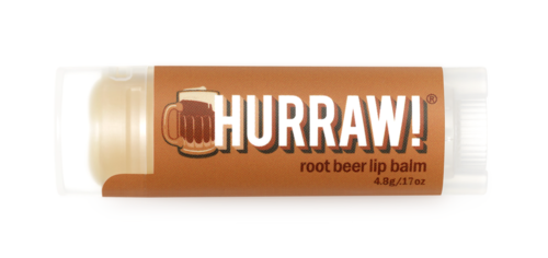 Lippenbalsam-Röhre mit Logo "HURRAW!" und Bierkrugbild, Geschmack wie Wurzelbier.