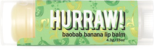 Eine Lippenpflegestift namens 'HURRAW!' mit Baobab-Bananengeschmack und grüner Verpackung.