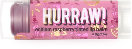 Rosa tub med gula och guldiga mönster, märkt 'HURRAW! echium raspberry tinted lip balm'.