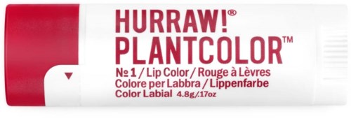 Lippenbalsam in roter und weißer Verpackung, namens Hurraw! PlantColor, für Lippenfärbung.