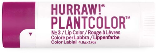 Lippenfarbe in einer Tube, mit lila und weißer Verpackung, bezeichnet Hurraw! Plantcolor und Nummer 3.