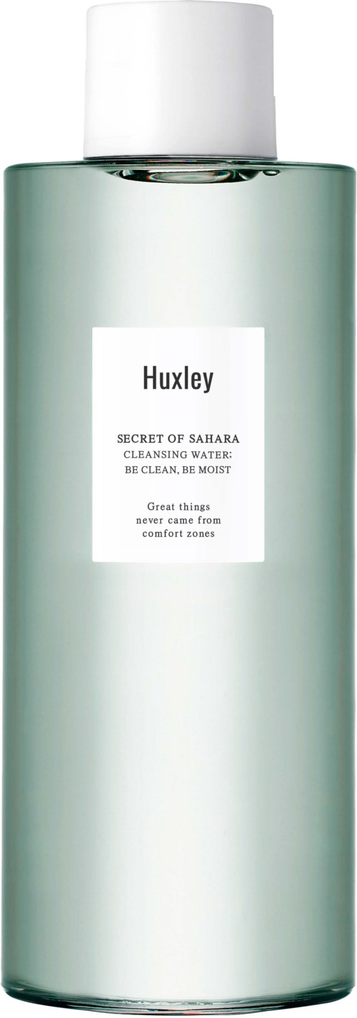 Een lange, doorzichtige fles met een witte dop, met 'Huxley' en enkele regels tekst in het midden.