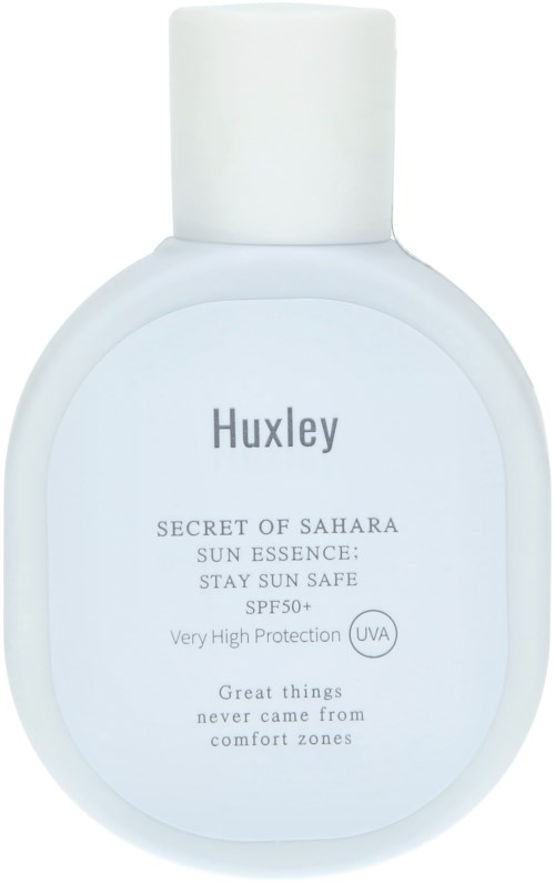 Witte fles met witte dop, gemarkeerd Huxley, zonbescherming crème, SPF 50+ UVA-bescherming.