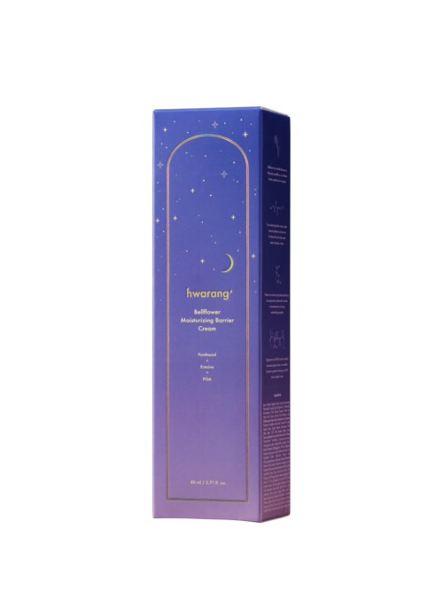 Eine lange, lila Schachtel mit Sternen und einem Mond, mit der Aufschrift 'hwarang' und 'balancing barrier', vermutlich ein Hautpflegeprodukt.