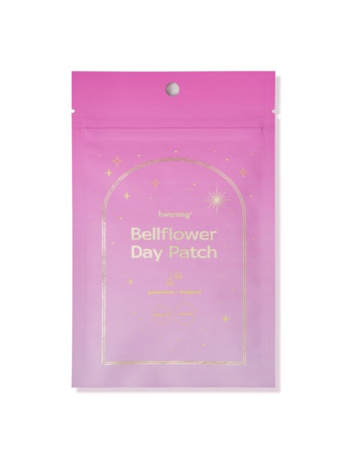 Rosa Verpackung mit goldenen Sternen und Text 'Bellflower Day Patch.'