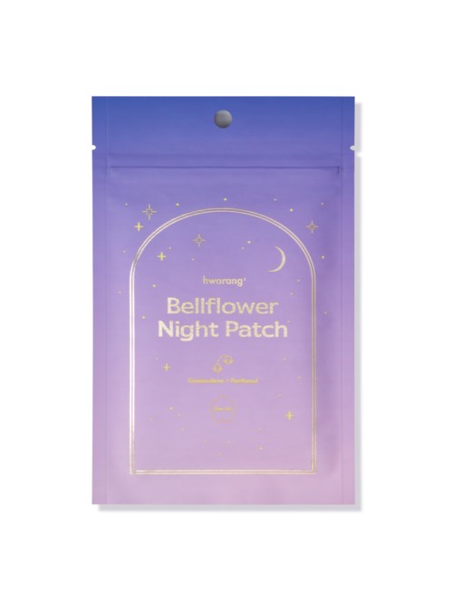 Lautes Beutel mit Sternen, Mond und Text: Bellflower Night Patch, für nächtliche Hautpflege.