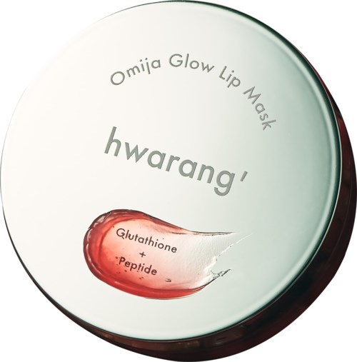 Runde Verpackung mit Beschriftung 'Omija Glow Lip Mask' mit 'hwarang' und Inhaltsstoffen wie Glutathione und Peptide. Es sieht aus wie ein Hautpflegeprodukt.