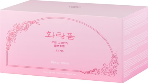 Rosafarbene Schachtel mit Blumenmuster und koreanischem Text, wahrscheinlich Verpackung für ein Produkt.