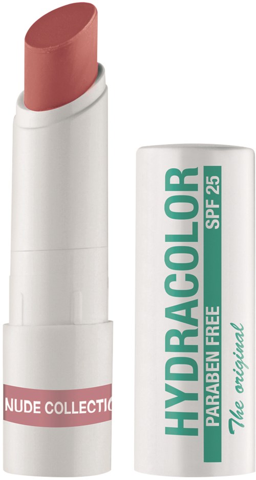 Ein Lippenstift mit weißem Gehäuse und pinkem Etikett 'NUDE COLLECTION'. Lippenstift ist rosabraun. Zubehördeckel zeigt Markierung.