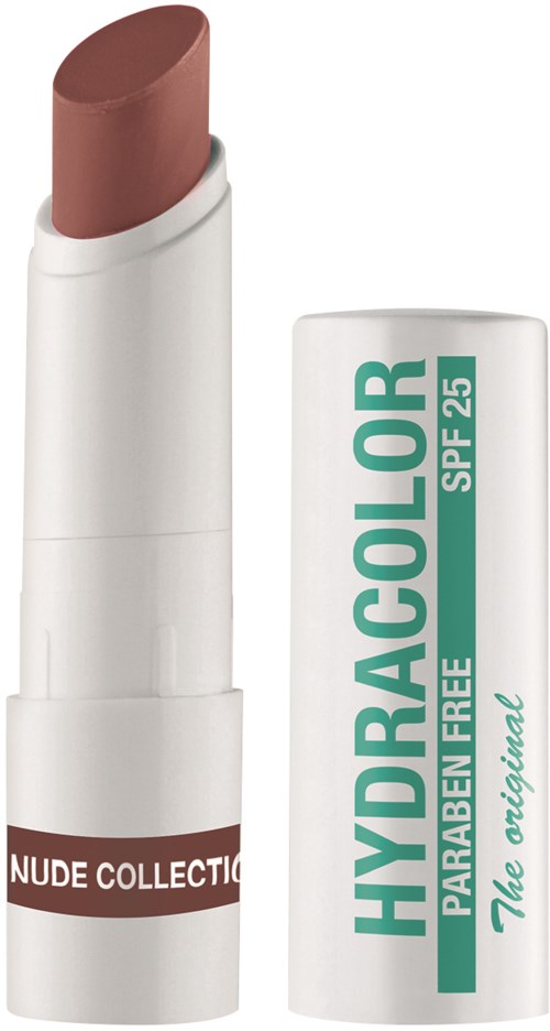 Ein beiger Lippenstift mit weißer und grüner Hülse, beschriftet mit "HYDROCOLOR SPF 25" und "NUDE COLLECTION."
