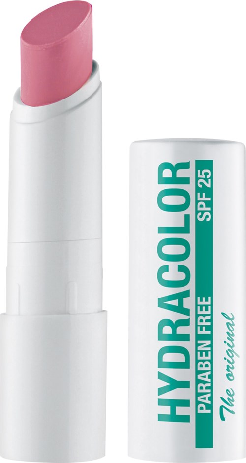 Een roze lippenstift in een witte tube met een teal label, waarop staat 'HYDROCOLOR SPF 25'.