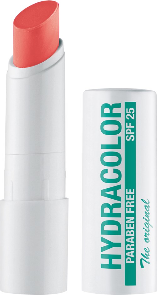 Een koraalkleurige lippenstift in een witte huls met 'HYDRO COLOR SPF 25'.