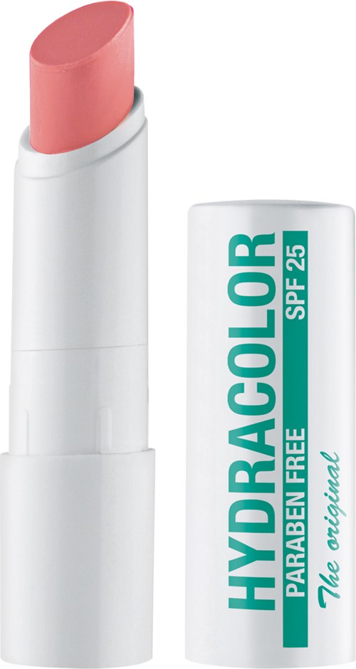 Een roze lippenbalsem in een witte tube met groene tekst met de naam Hydracolor SPF 25.