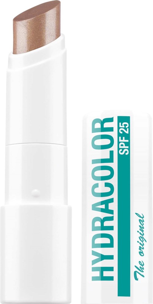 Een lippenbalsemstick met witte behuizing en lichtbruine balsem, samen met een Oekraïense huidadvertentie.