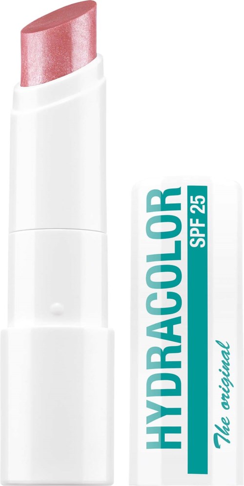 Een roze lippenstift in een witte huls met label 'HYDRACOLOR SPF 25'.