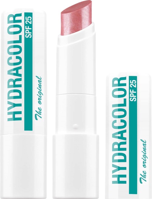 Lippenbalsem met roze tint in een witte tube labeled HydroColor SPF 25.