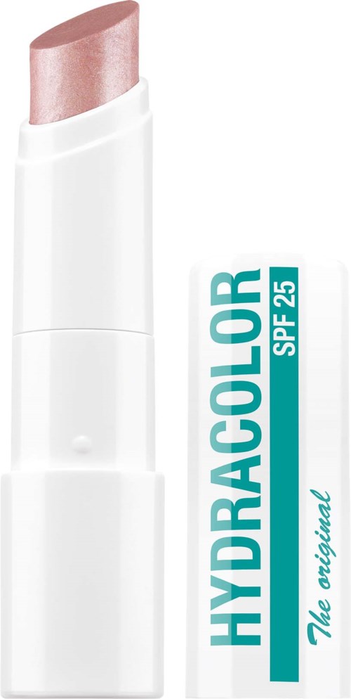 Een lippenstift naast een doos met label HydraColor SPF 25. De lippenstift is lichtroze.