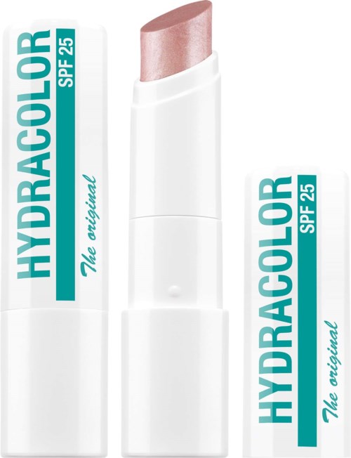 Een lippenstift met witte verpakking en roze kleur, gelabeld Hydraclor SPF 25, The original.