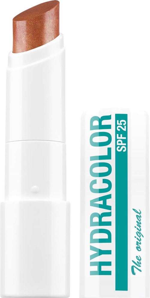 Een bruine lippenstift in een witte houder met een turquoise en witte label. Het label zegt "HYDRACOLOR SPF 25" en "The original."