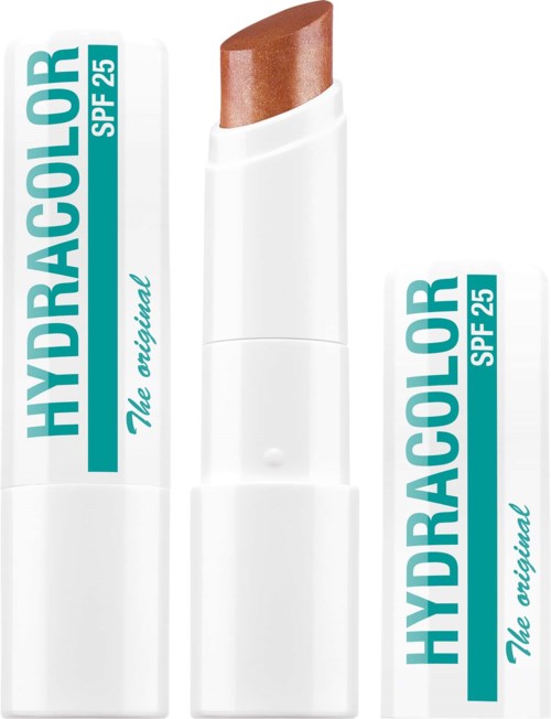 Een lippenbalsemstift met een bruinachtige tint, naast de doos met Hydracolor SPF 25.