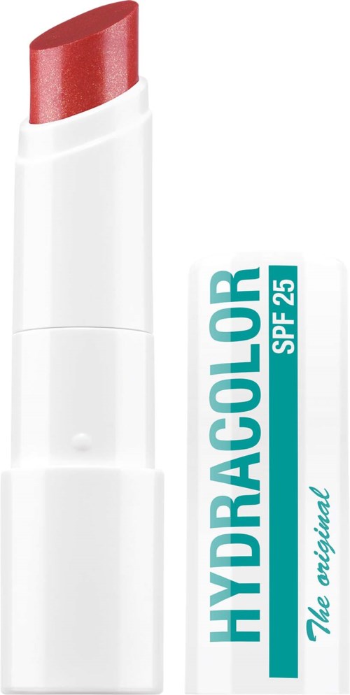 Rood lippenstift in een wit tube met een label dat zegt "HYDRACOLOR SPF 25 The original."
