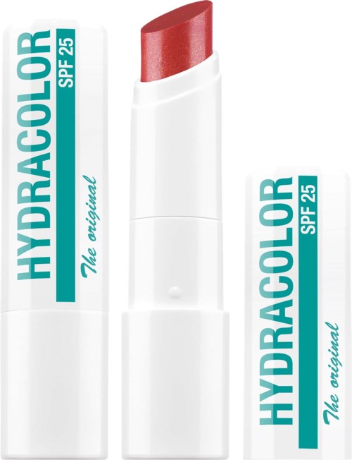 Een tube Hydracolor lipstick met SPF 25, met de lipstick omhoog en in rood.