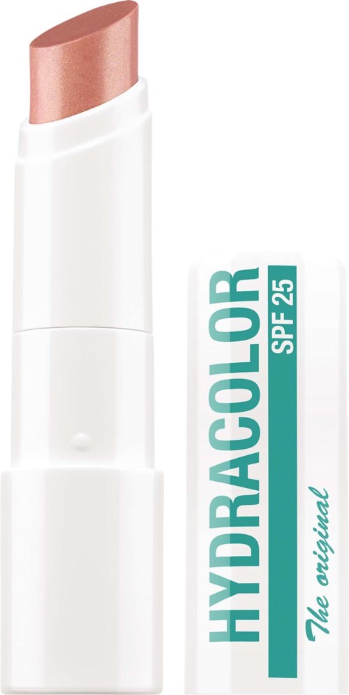 Lipstick met wit doosje en lichtroze kleur, gemarkeerd HydraColor SPF 25, staand rechtop.