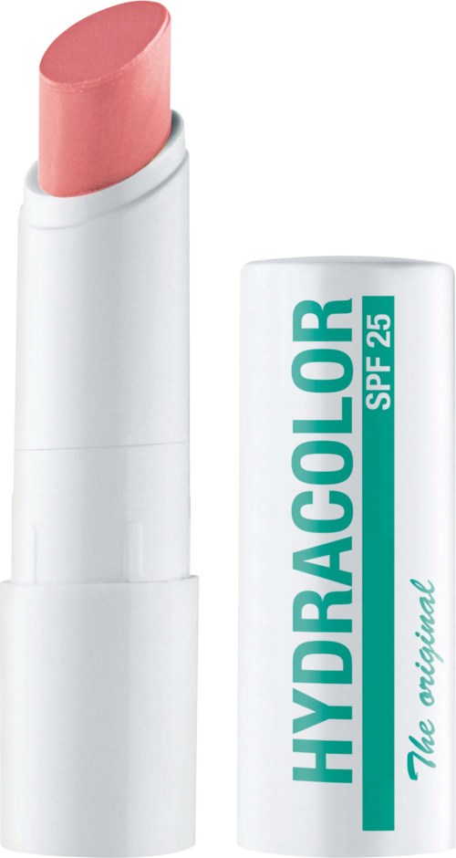 Hydraterende lippenbalsem met SPF 25, lichtroze kleur, in een witte tube met blauwe en groene tekst.