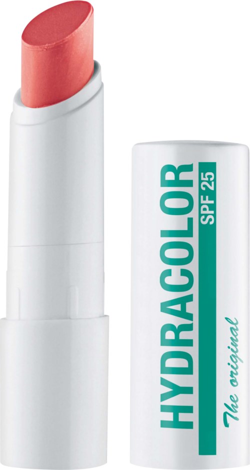 Een roze lippenstift in een witte tube met deksel met tekst 'Hydracolor SPF 25' en 'The original.'