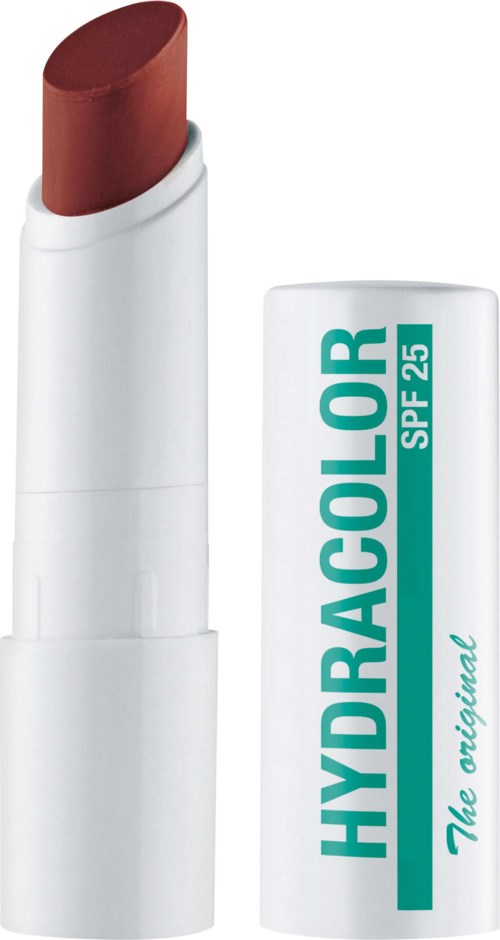 Bruine lipstick in een witte huls met dop met de tekst 'HYDRA COLOR SPF 25'.