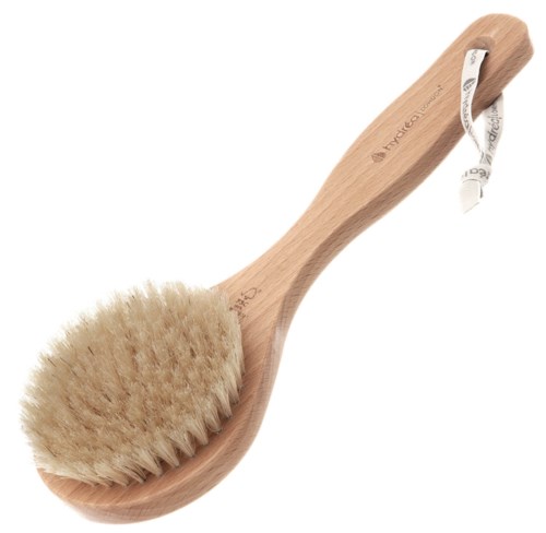 Eine Holzborste mit weichen Borsten und einem gebogenen Griff, hat auch eine Schlaufe zum Aufhängen.