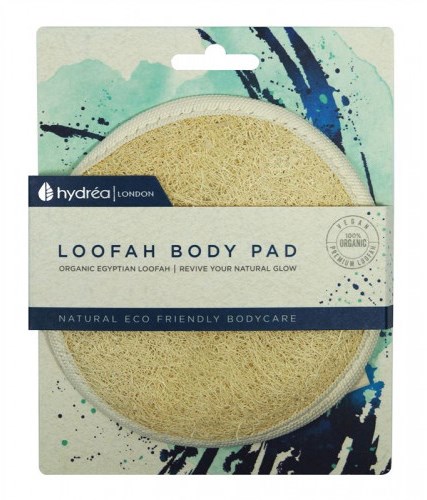 Ein natürlicher, bio-zertifizierter Loofah-Körperpads für umweltfreundliche Körperpflege, um den Hautton zu beleben. Verpackung mit blauen und schwarzen Spritzern.