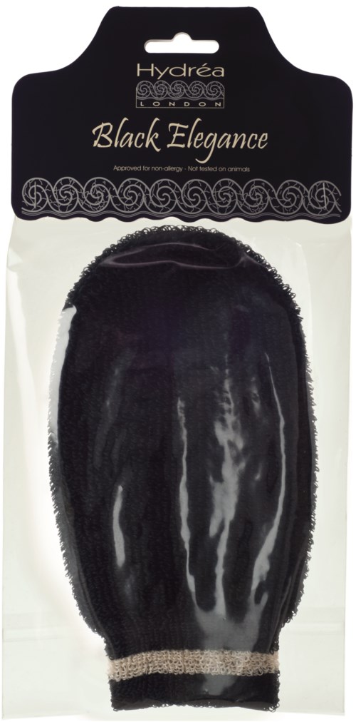 Ein schwarzer Haarersatz oder Perücke mit der Aufschrift 'Black Elegance' in Verpackung. Das Produkt wirkt glänzend und gepflegt.