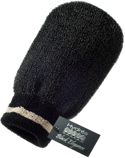 Ein schwarzer Strickhandschuh mit weißem Streifen und einem Etikett mit der Aufschrift 'Hydrea Black Elgante.'