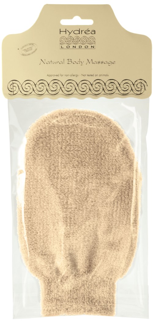 Beige Fußpeeling-Handschuh in klarem Kunststoffbeutel mit Hydrea London-Logo.