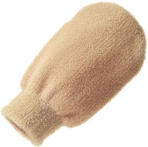Ein beigenes Handschuh aus weichem Stoff zum Reinigen oder Waschen der Hände.