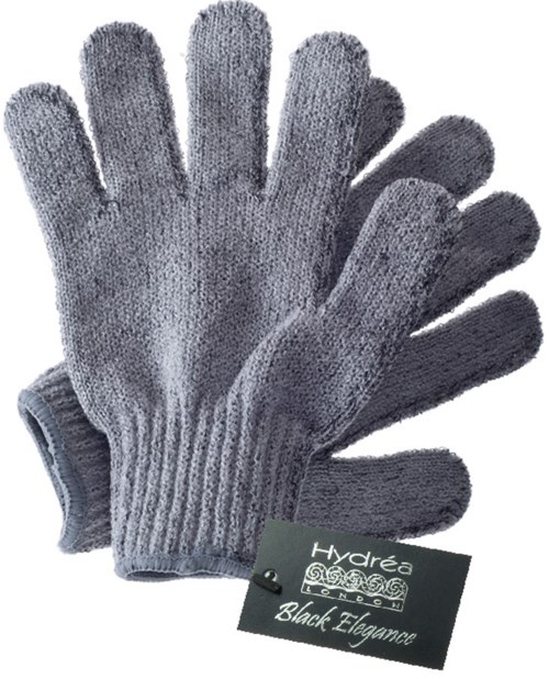 Graue Handschuhe mit einem Etikett, das 'Hydréa Black Elegance' sagt. Perfekt für kaltes Wetter.