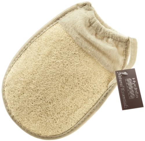 Beige Peeling-Badeschwamm mit weichem Stoffrand und Tag 'Natural Essential'.