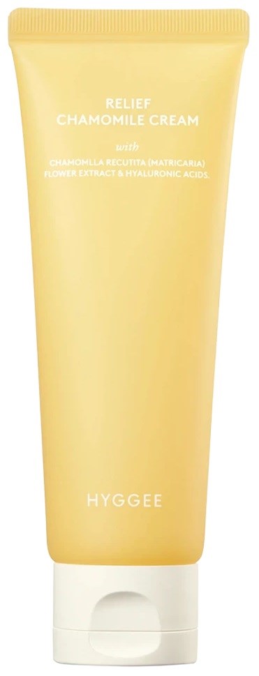A yellow tube of relief chamomile cream with white text, from the brand Hyggee.
