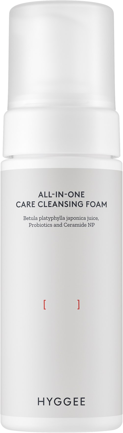 White bottle with a pump, labeled 'All-in-One Care Cleansing Foam' by Hyggee. Contains ingredients like tea tree and ceramide.