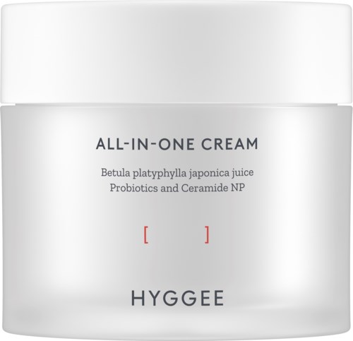 A white jar with black text that reads "ALL-IN-ONE CREAM," with additional smaller text, and a brand name "HYGEE".